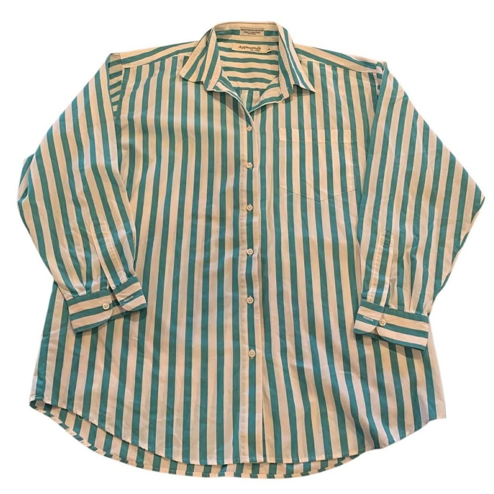 Vintage Appleseed's Striped‎ Button Down Shirt Jade Green White Size 14 90s Boho